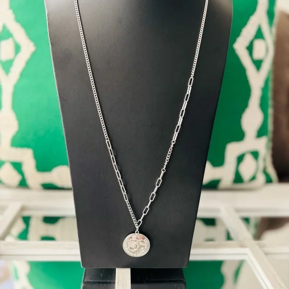 Silver Chain Long Necklace with Round Pendant. Stainless Steel. NWOT - Picture 3 of 5